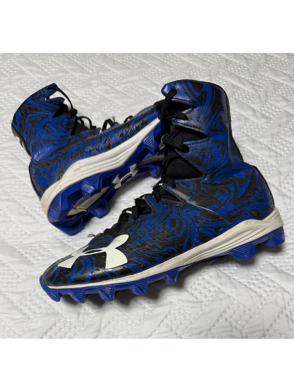 Under Armour Blue Black High Top Ankle Support Football Cleats Sports Men Sz 7.5